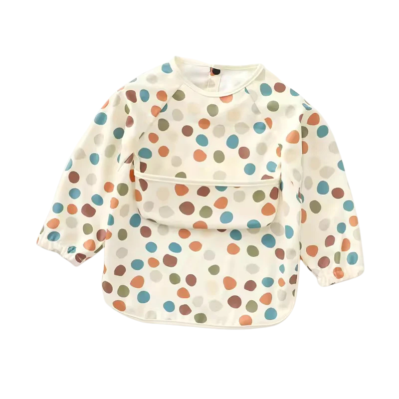 Long sleeved bib with crumb pouch (Rainbow dot)