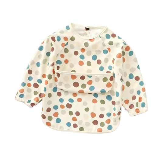 Long sleeved bib with crumb pouch (Rainbow dot)